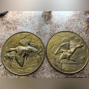 Vintage MCM Brass Ducks Wall Decor, Embossed Flying Geese Plaques (Set of 2)